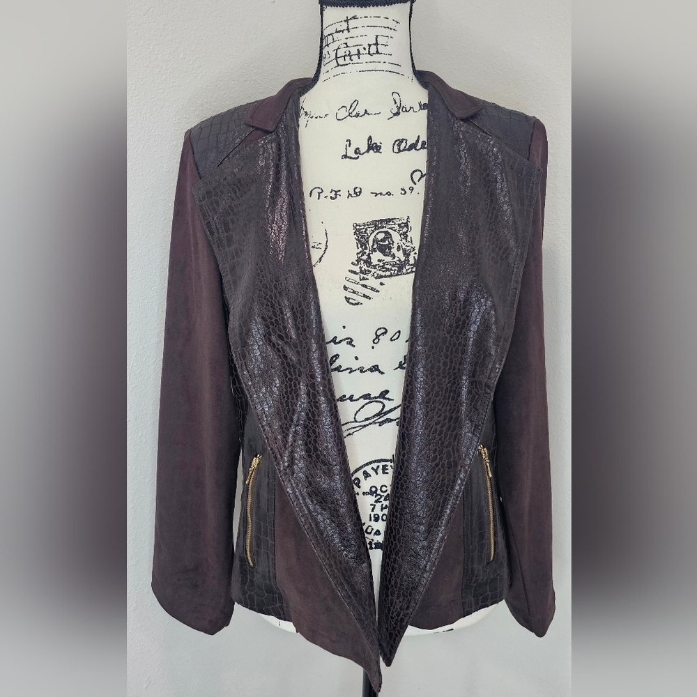 Chico’s Size 2 (L/12) Brown Faux Reptile Suede Open Front Cardigan Jacket Blazer